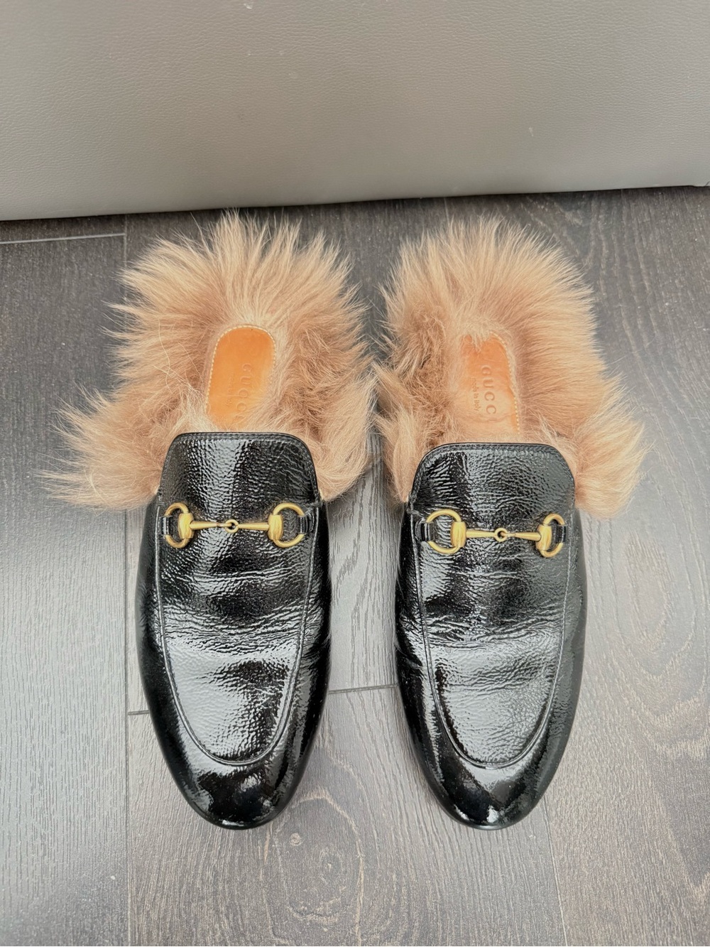 Authentic Gucci Princetown Patent Leather Fur Mule Loafers